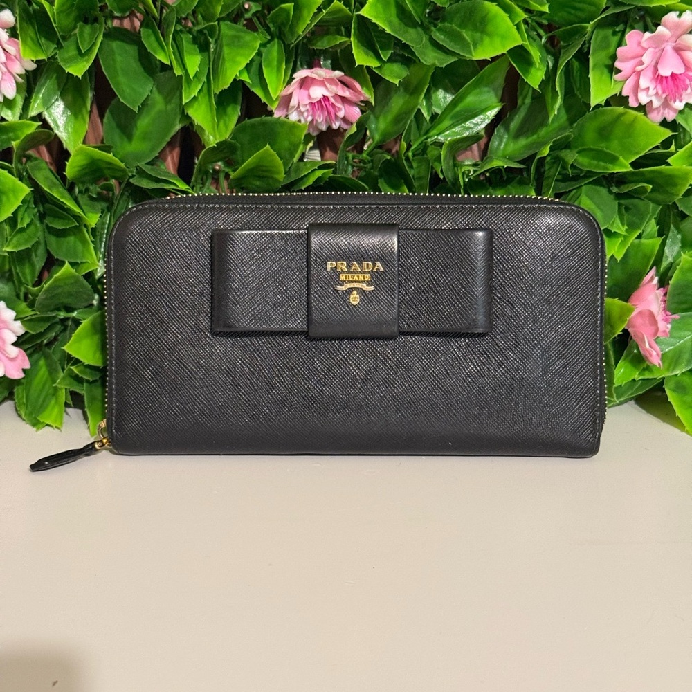 Prada Black Saffiano Leather Bow Long Zip Around Wallet